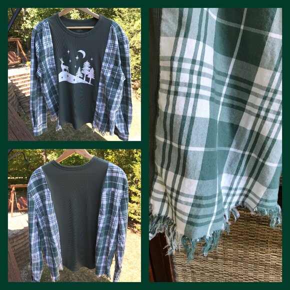 Flannel Shirt Upcycle, M-L: Reworked Oversized Pullover Sweatshirt, Winter Scene - Picture 12 of 12